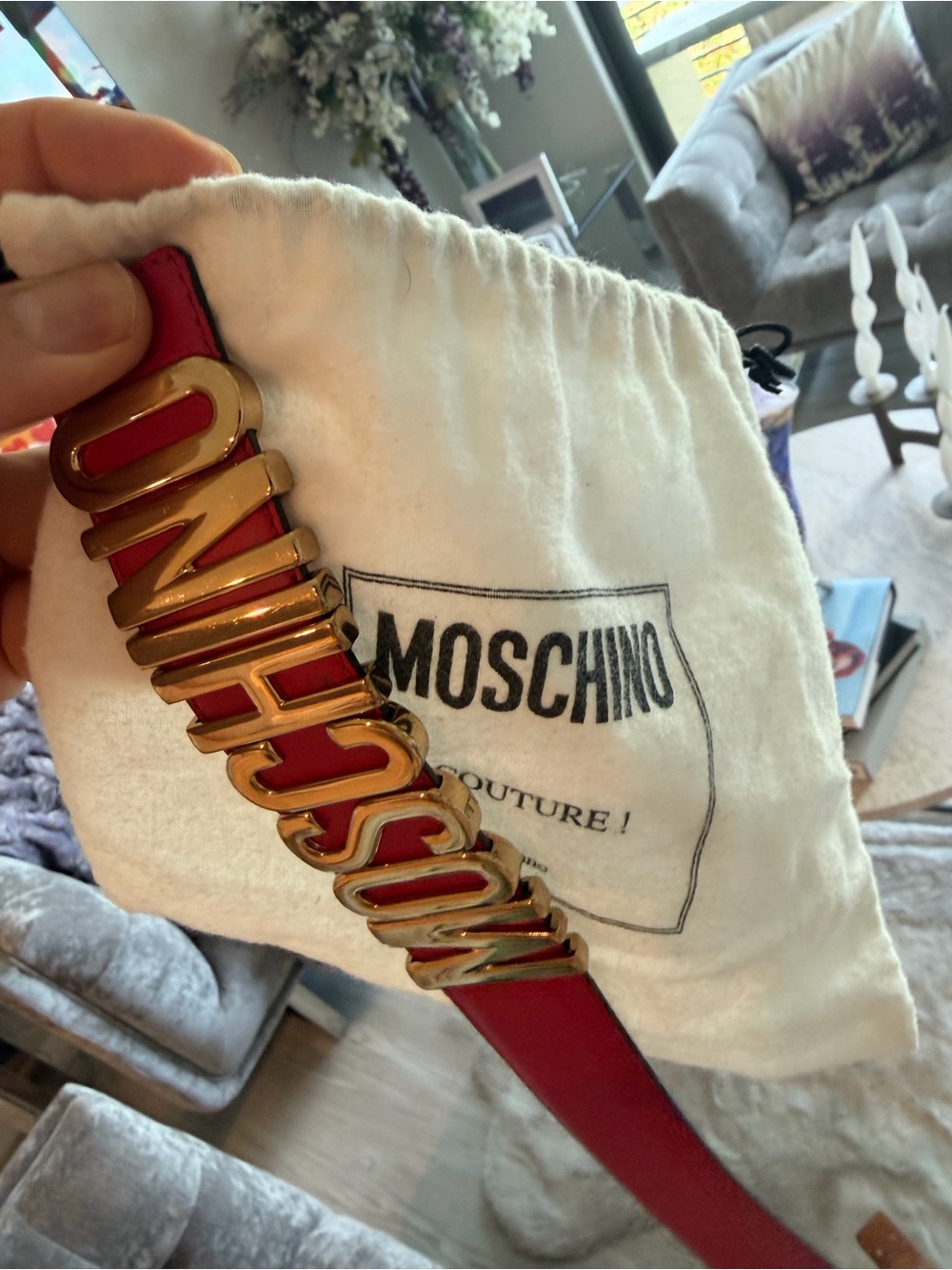 Moschino Red Leather Belt with Gold Logo Letters - Picture 3 of 5